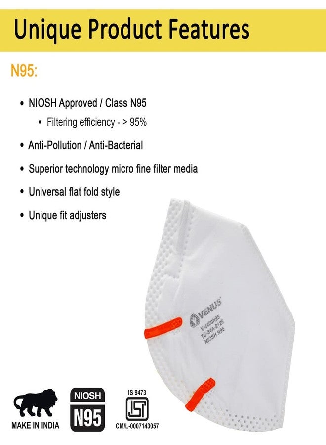 فينوس - V-4400 - كمامة N95 - معتمدة من المعهد الوطني للسلامة والصحة المهنية (NIOSH)، تصميم قابل للطي للجنسين، حماية من الغبار والبكتيريا والفيروسات، قماش غير منسوج - أبيض - عبوة من 5 كمامات - Image 3